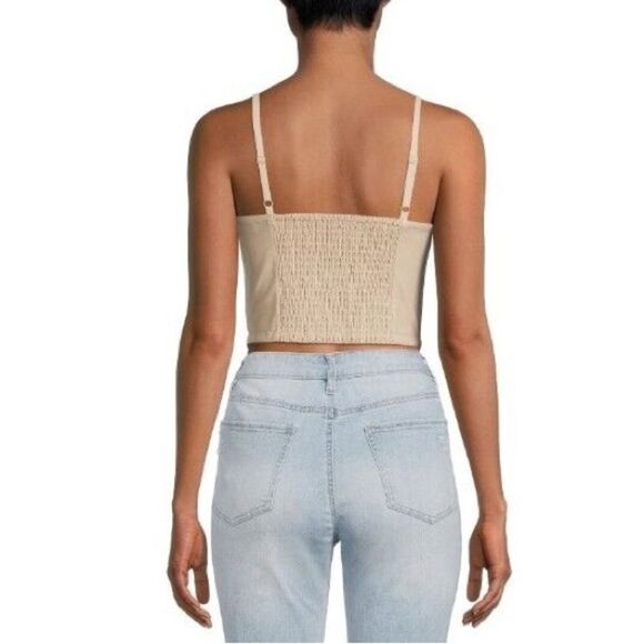 Madden Nyc Women's Bustier Faux Leather buttery soft Beige smocked Crop Top Sz L - Picture 6 of 12